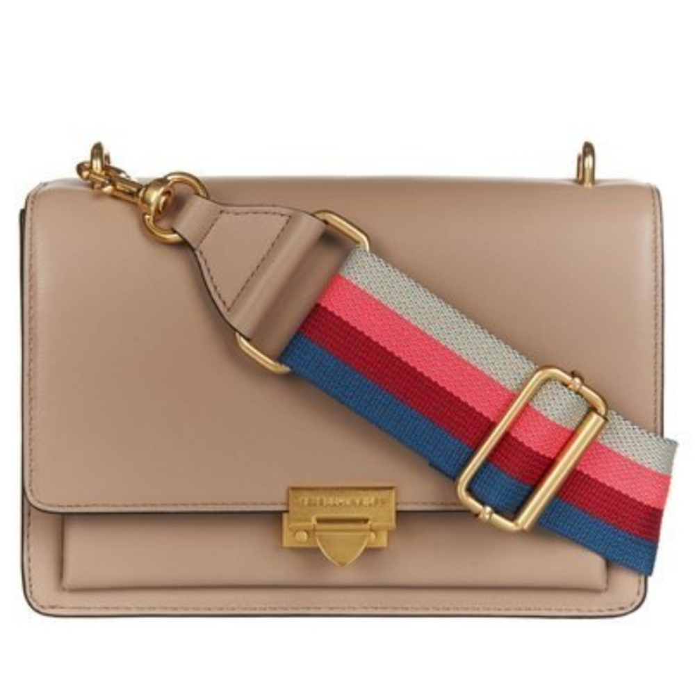 Ready for spring break. Rebecca Minkoff Tan Crossbody Bag with Multicolor Strap